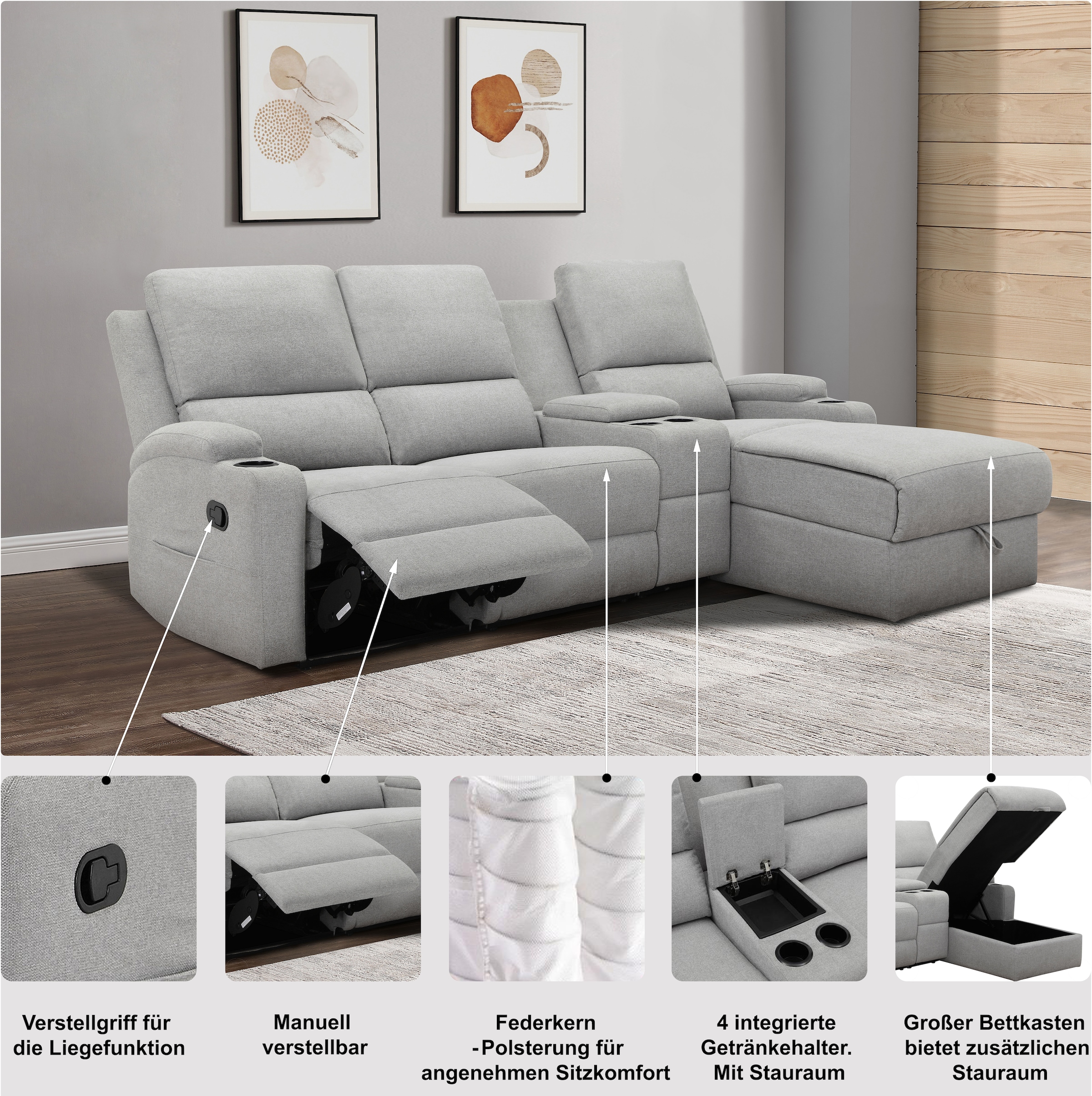 Home affaire Ecksofa »NAPORI Multimediasofa, 3er Kinosessel XXL, L-Form, Cord« Kinosofa mit Relaxfunktion, Getränkehalter, Staufach und Staukasten