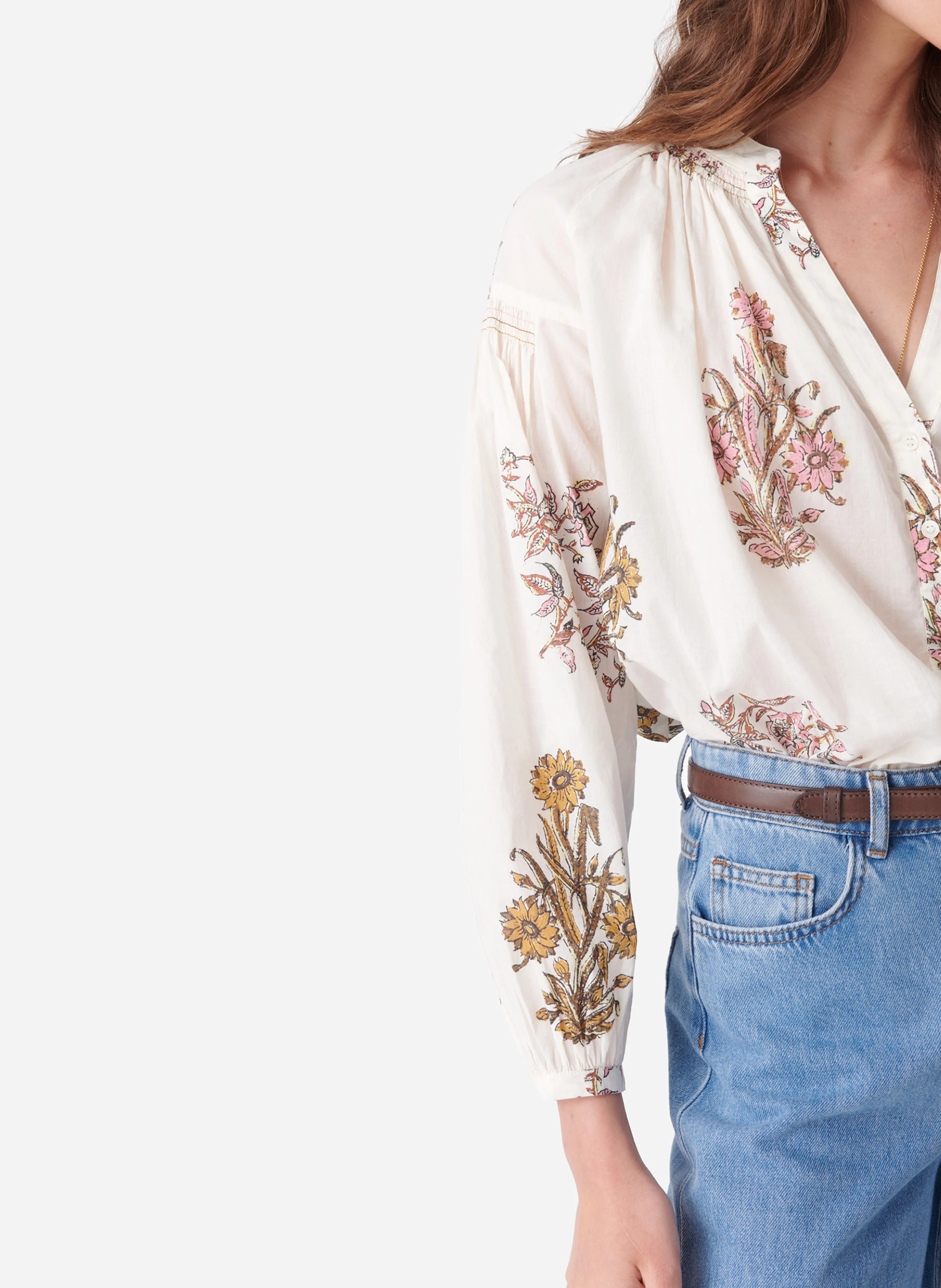 NIPOA - Blouse col V droite en coton imprimé | Blanc