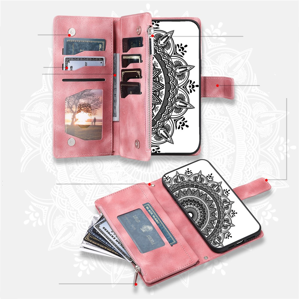 Samsung Galaxy A55 Leder Tasche Flip Cover mit Reissverschluss - Mandala Flowers Imprint - Rosa