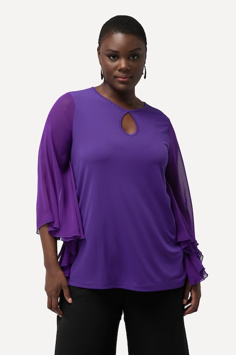 T-Shirt, Ziersteine, Rundhals, Chiffon-Flügelärmel