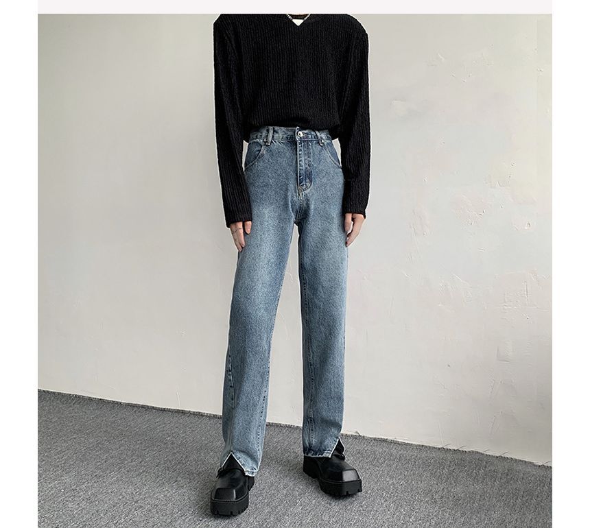 Omozando - Mid Rise Washed Straight Leg Jeans