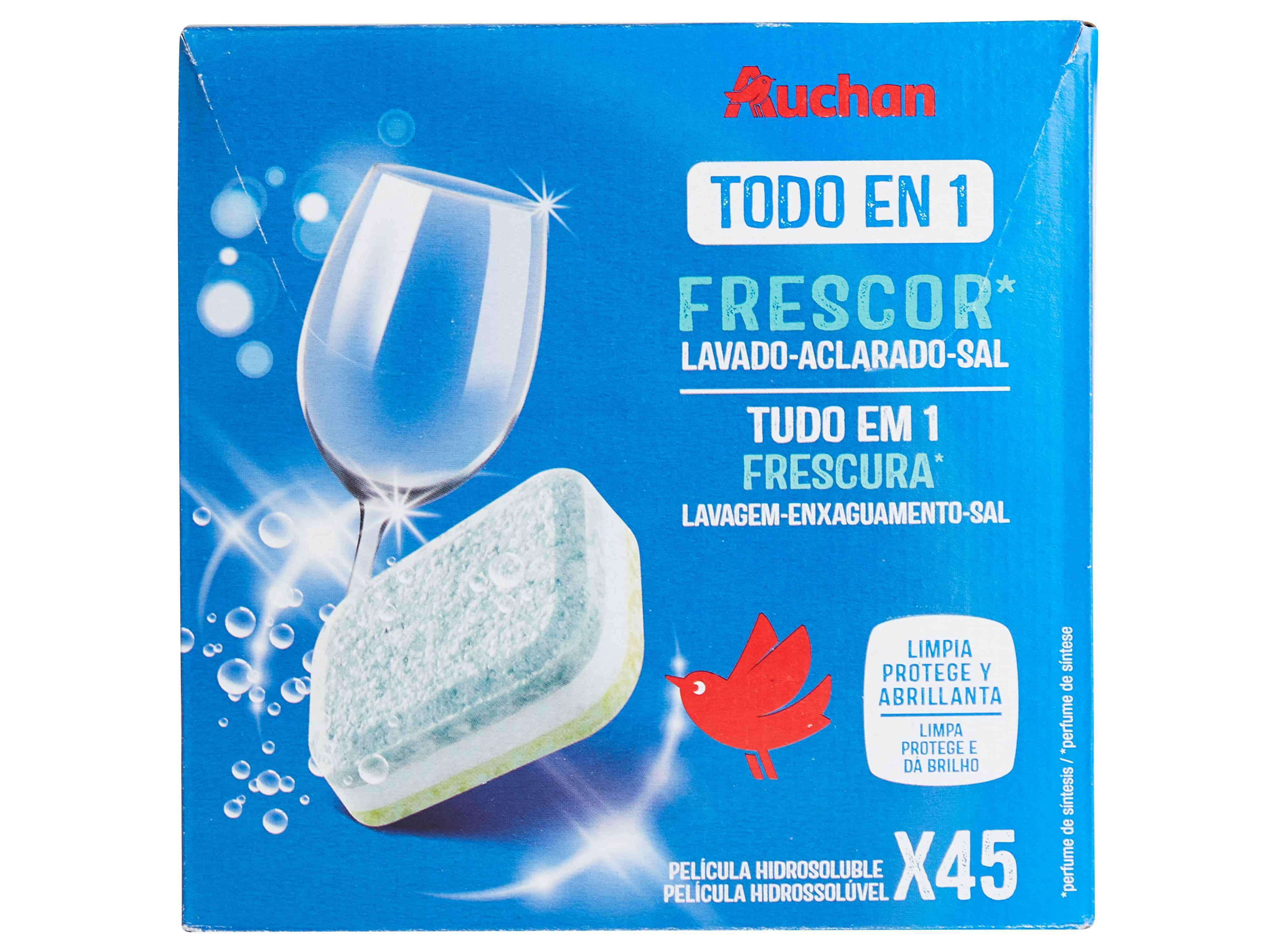 DETERGENTE AUCHAN MÁQUINA LOIÇA PASTILHA TUDO EM 1 FRESCURA 45UN