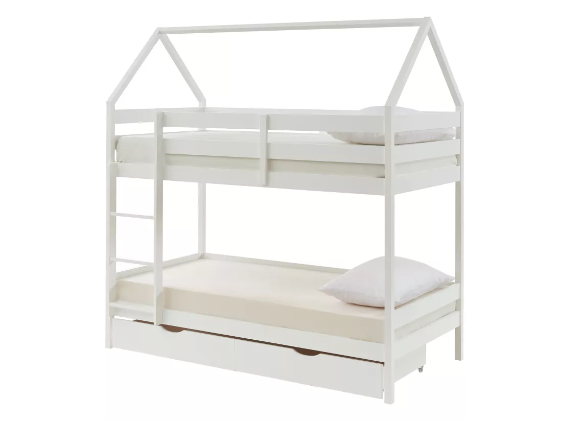 Lits superposés cabane 2 x 90 x 190 cm - 2 tiroirs - Pin - Blanc + Matelas - CHORI