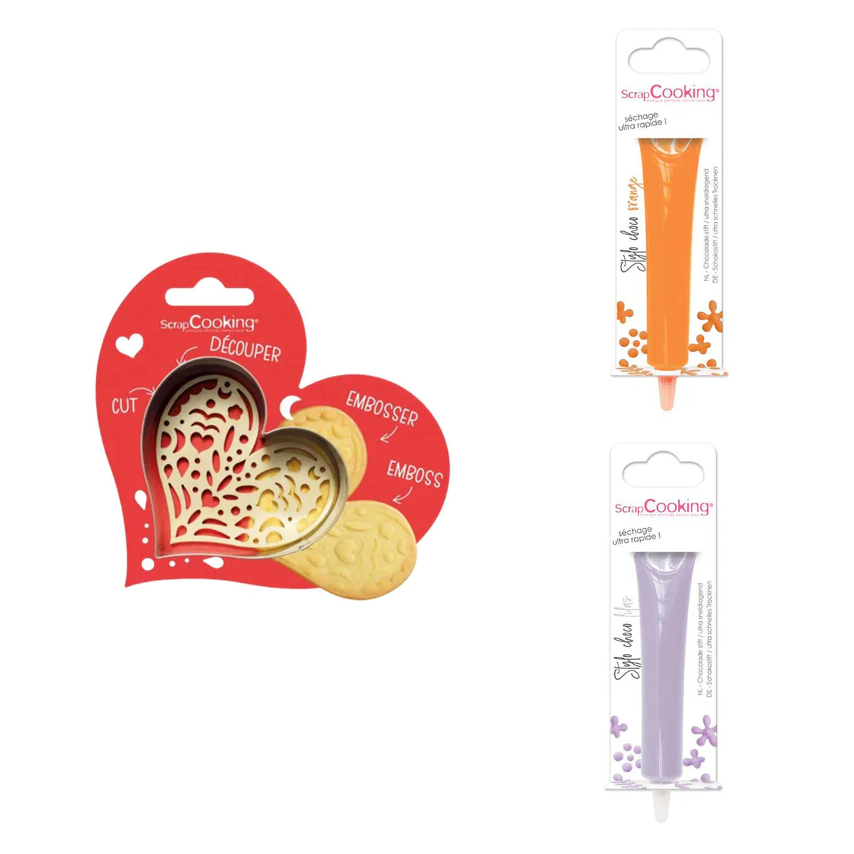 Kit pour biscuit en relief Coeur + 2 Stylos au chocolat orange et lila