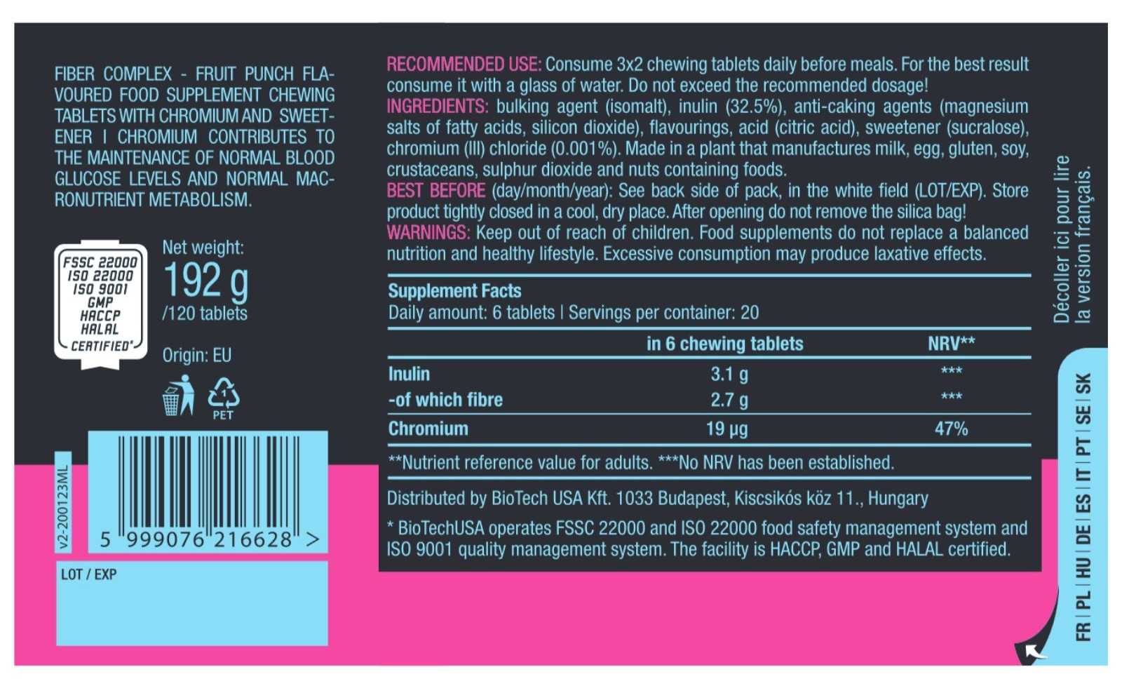 Biotech USA Fiber Complex 120 comprimidos mastigáveis
