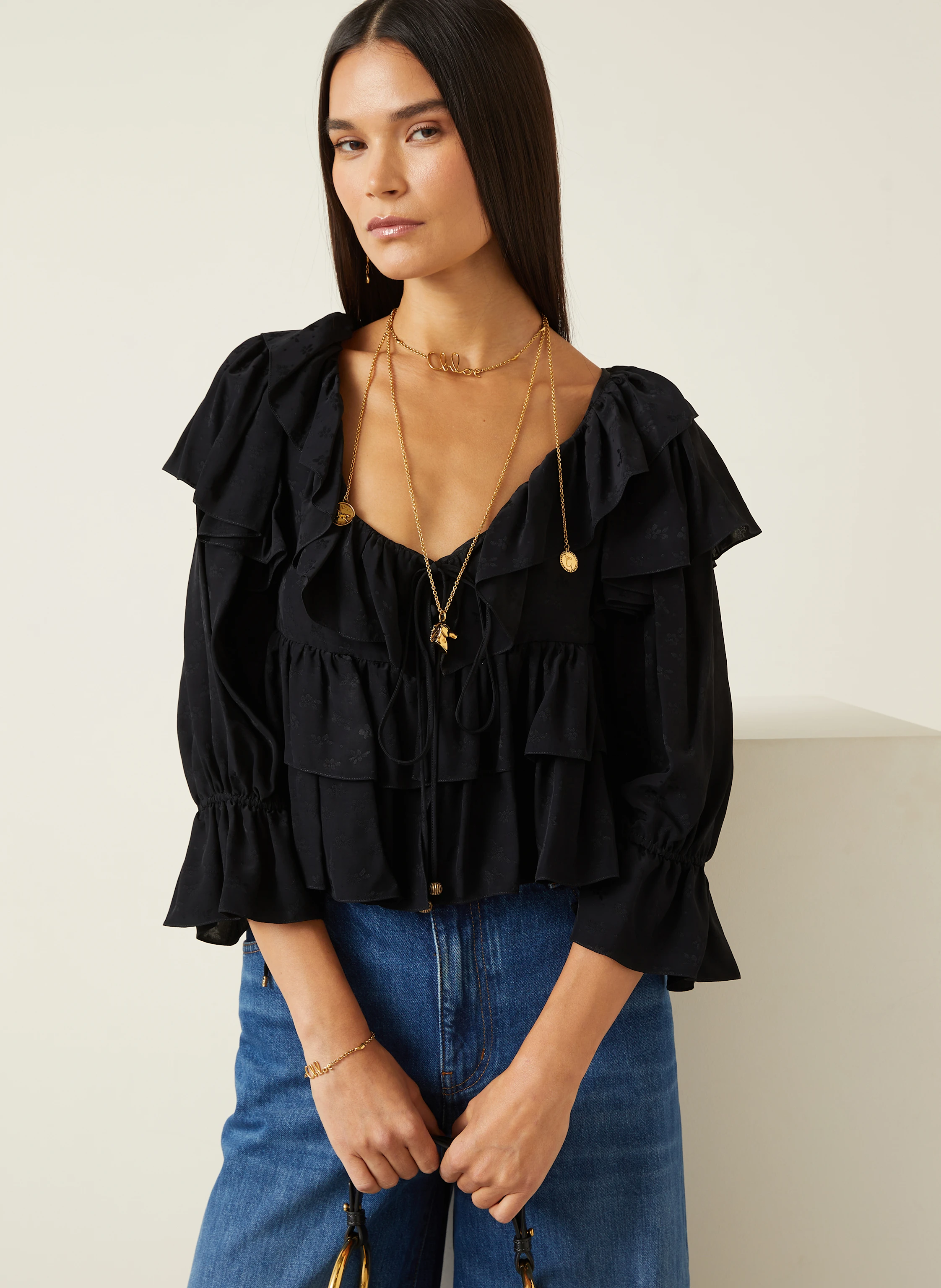 Chloé Cropped-Bluse mit 3/4-Arm und Rüschen