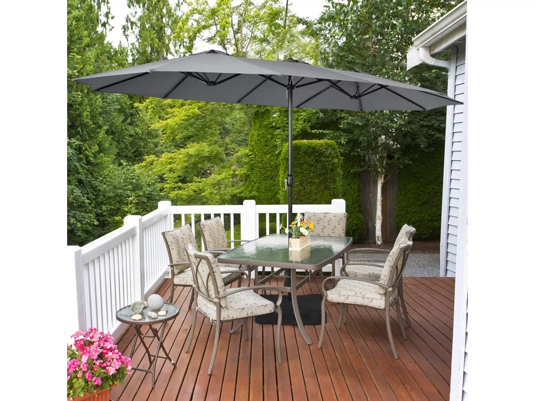 Parasol de Jardin Double 451,5 x 243CM, Parasol Rectangulaire Extra Large avec Base Robuste en Métal et Manivelle, Parasol Jumeau avec Poteau Métallique, pour Patio, Cour, Piscine (Gris)