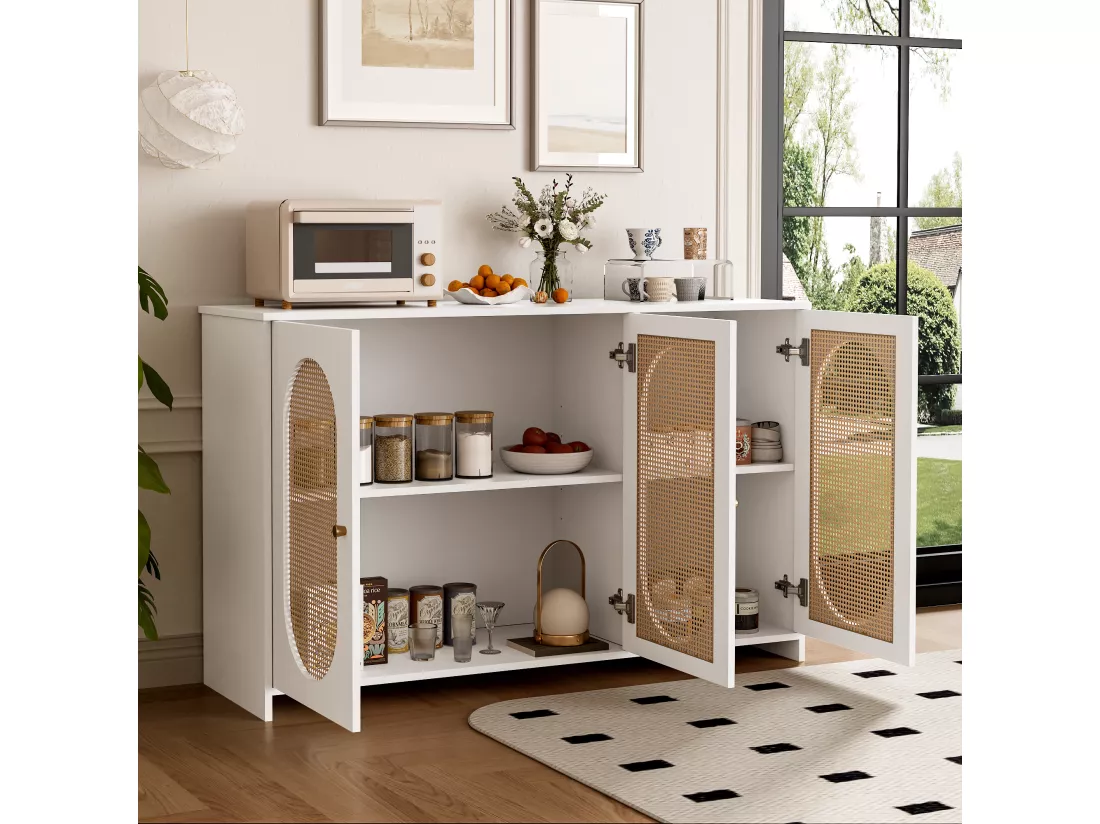 Buffet 3 portes en rotin avec étagères réglables - en MDF - Blanc