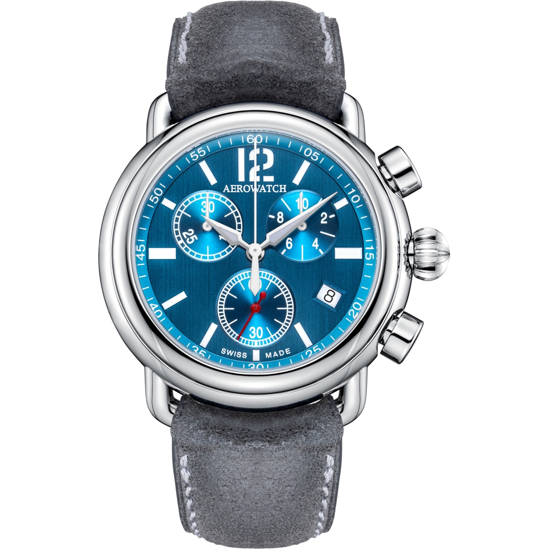 Aerowatch 1942 Quartz Chrono Leder Grau / Silbrig & Blau Ø 44mm
