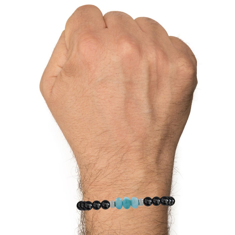 Duo Bracelets Homme et Femme Perles d'Hématites et Trois Anneaux de Larimar