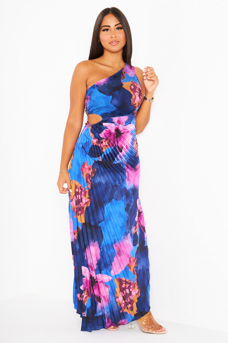 Robe bleue one shoulder plissées et fleurie