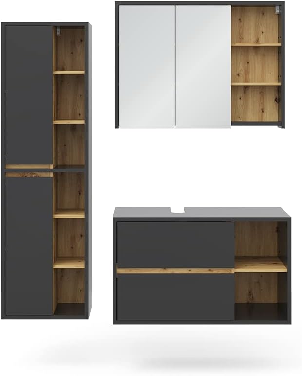 Vicco Badmöbel-Set Anthrazit Viola, bestehend aus Bad Spiegelschrank, Waschbeckenunterschrank, Hochschrank - Mehr Stauraum ohne Bodenfläche zu nutzen
