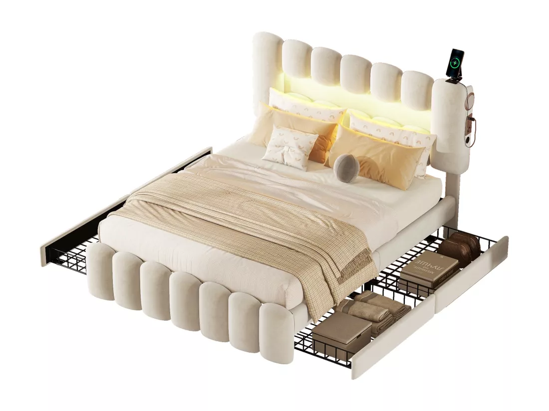 Lit capitonné 140 x 200, lit capitonné avec 4 tiroirs, lit capitonné avec bande lumineuse LED avec USB et stéréo, blanc