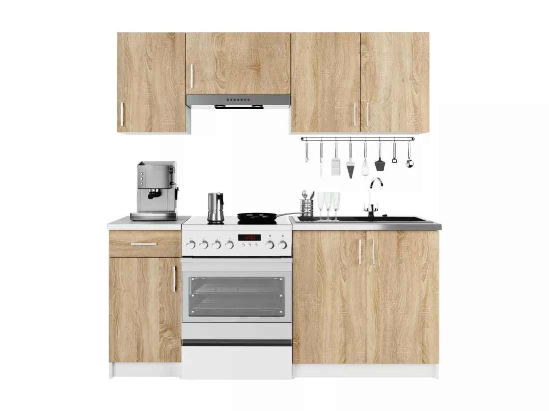 Ensemble De Cuisine AKORD LIMA 1.8m Blanc 180 cm 7 portes 1 tiroir façade Chêne Sonoma 8 étagères 180x44,5x203 cm