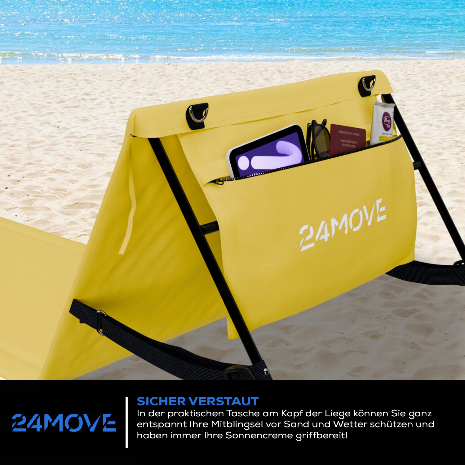 24MOVE® Strandmatte 2er Set klappbar mit Rückenlehne, Strandliege mit Gurt, tragbar für Strand und Garten, Liegematte gelb