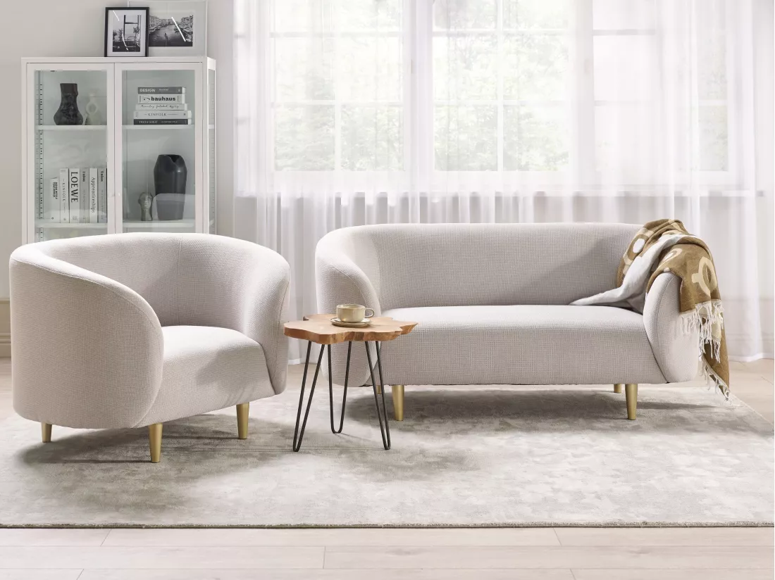 Canapé 2 places en tissu beige et doré LOEN