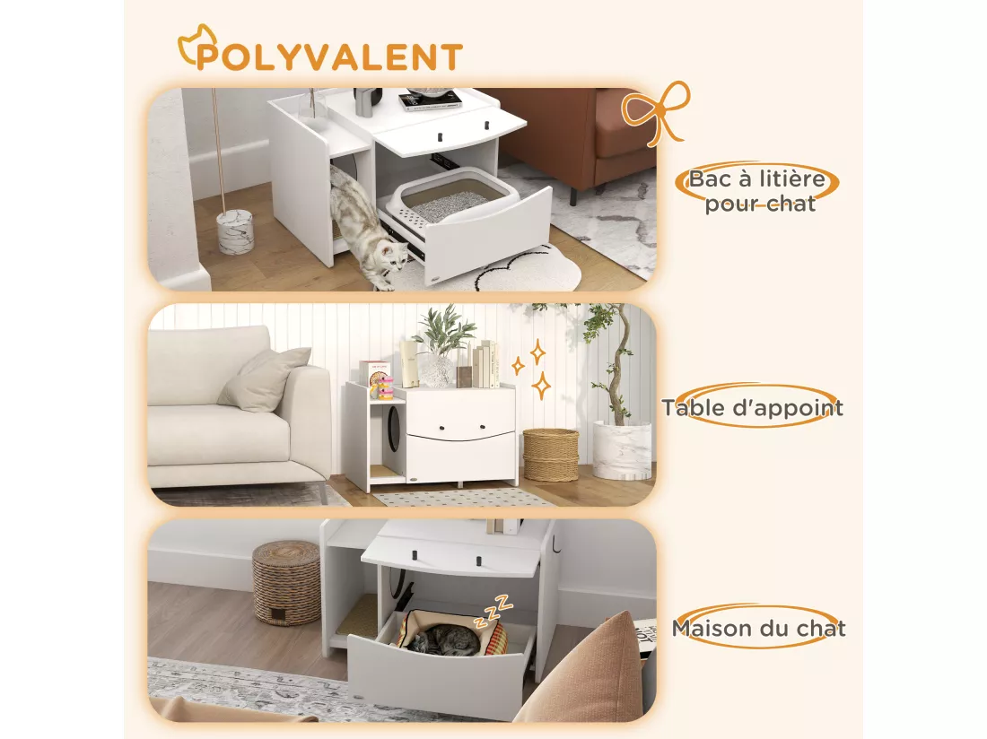 Maison de toilette pour chat - meuble cache litière - compartiment coulissant, aérations, tapis de fuite - blanc