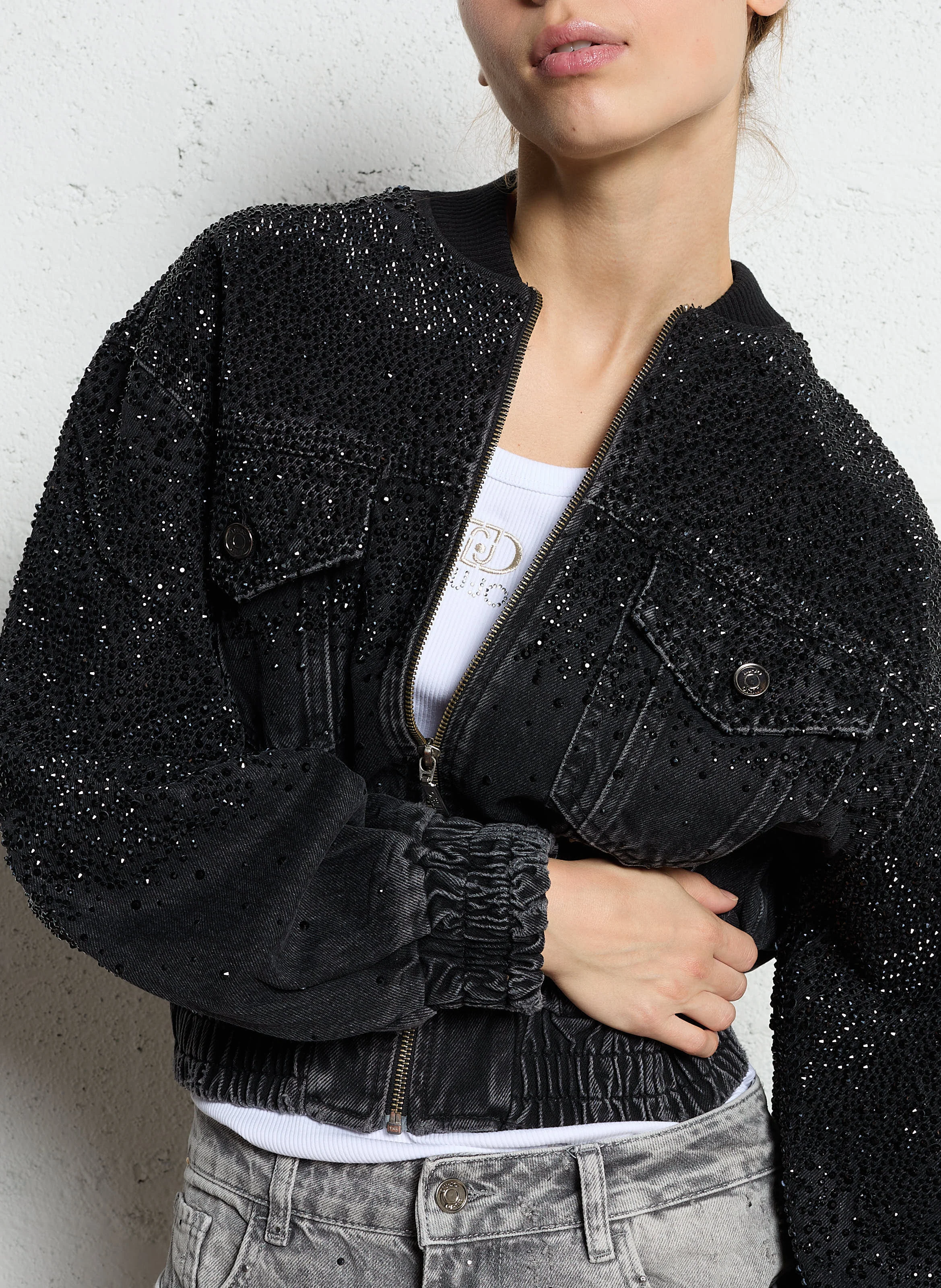 Bomber en denim à strass | Noir