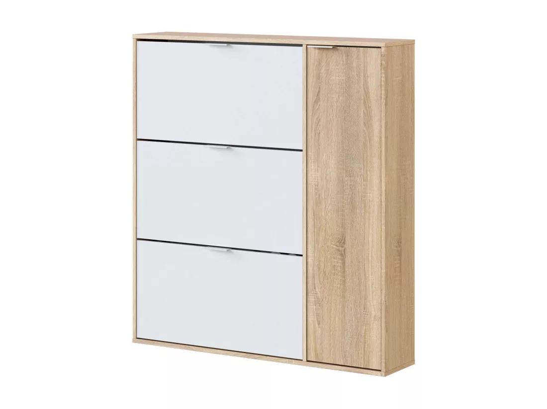Étagère à chaussures Dmagnino, armoire à chaussures 4 portes, armoire basse polyvalente avec 5 étagères, étagère à chaussures moderne, 106x22h115 cm, chêne et blanc