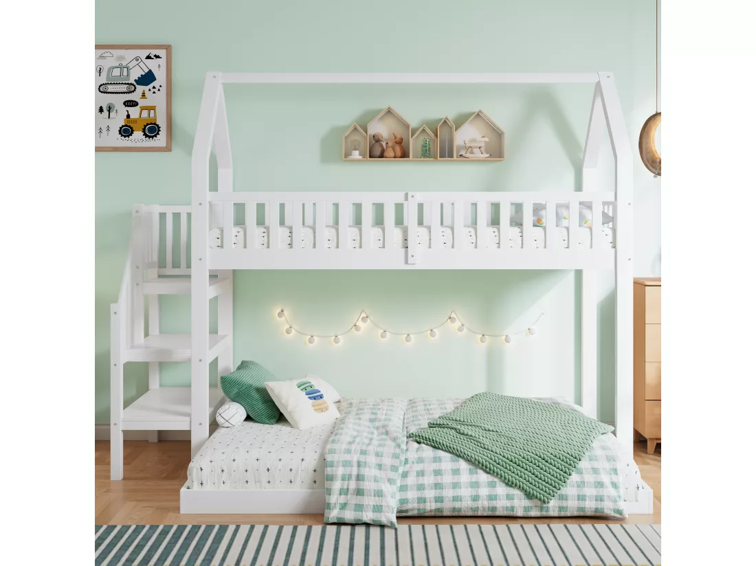 Lits superposés 90x190cm, lit enfant avec escalier, anti - chute et grille, cadre en pin, blanc