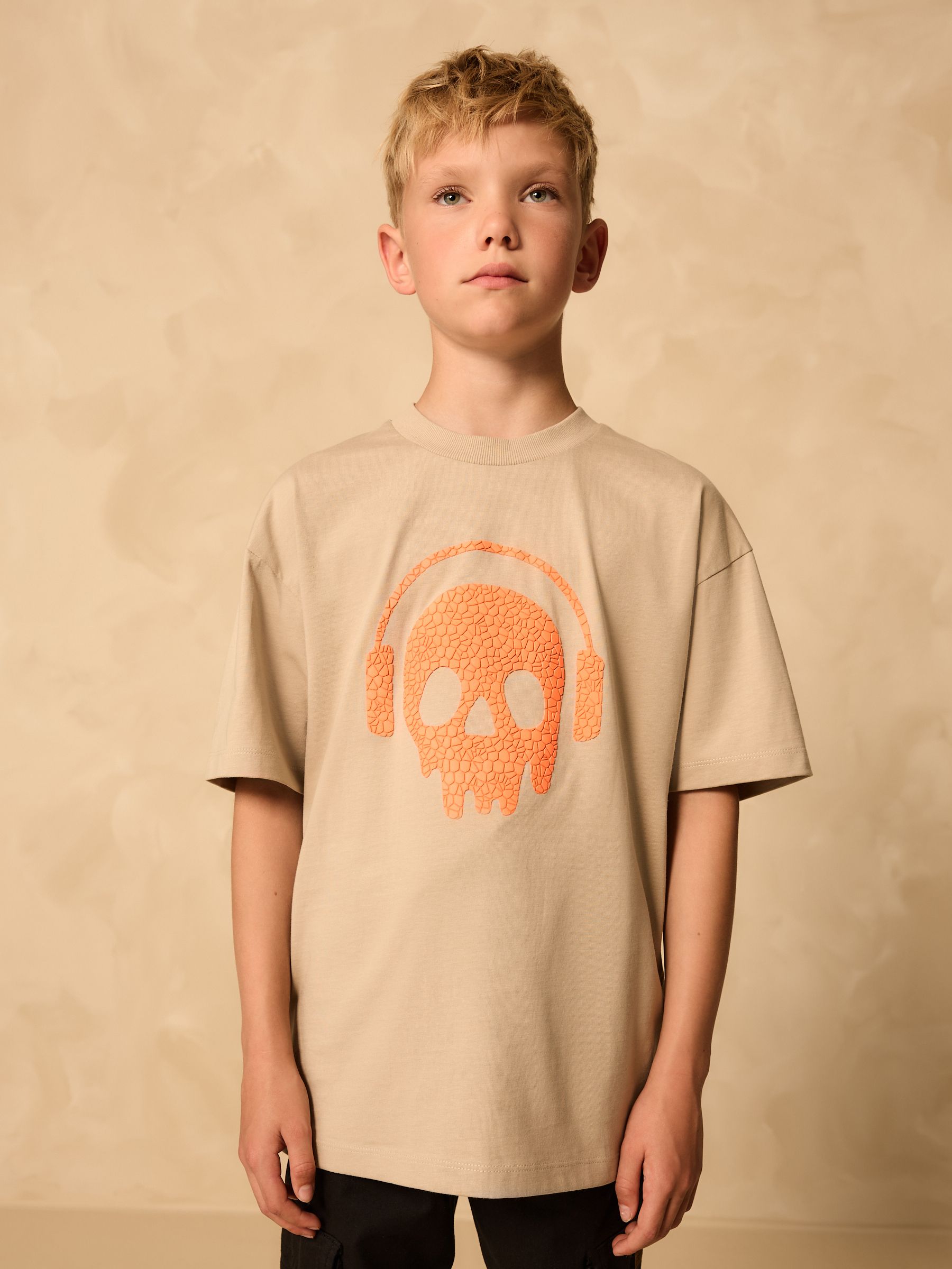 Kiezelkleurig/oranje schedel - Ruimvallend T-shirt met print en korte mouwen (3-16 jr)