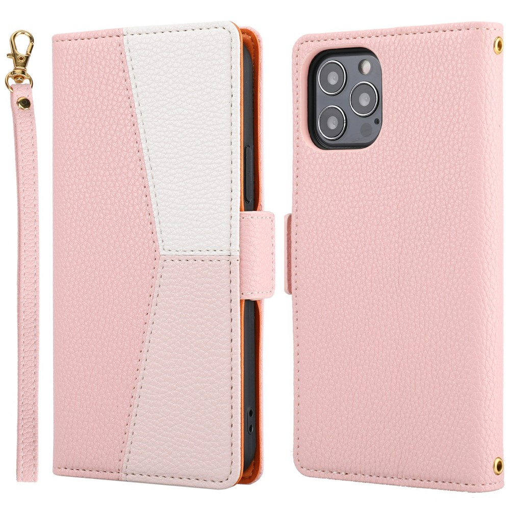 iPhone 13 Pro Leder Tasche Flip Cover Litchi Look mit Kartenfächern Geometrisches Design - Rosa / Weiss