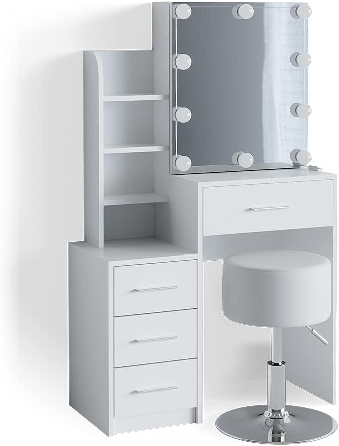 Vicco Schminktisch Conrada, Weiß, 80 cm mit LED Beleuchtung und Hocker