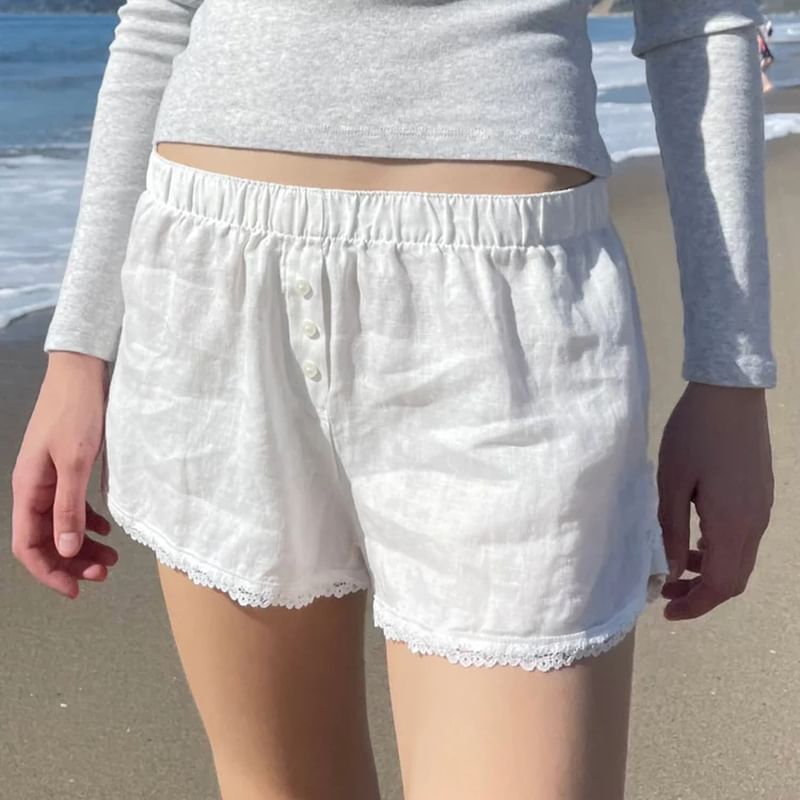 Honet - Lage taille, effen, wijde shorts met kantafwerking