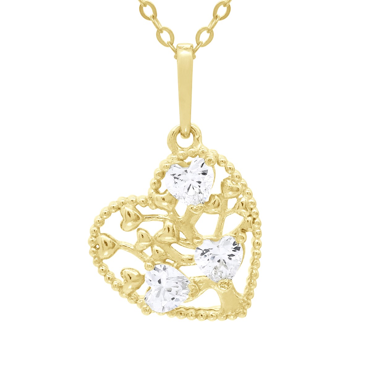 Collier - Ornées d'un Pendentif Coeur Arbre de Vie serti de Trois Oxydes de Zirconium Forme Coeur - Or Jaune