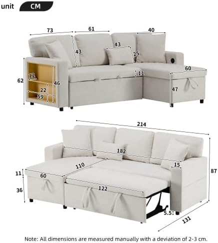 L-Form Schlafcouch Ecksofa Ausziehbar | Bettkasten + Regal + USB-Anschluss, 4 Sitzplätze, Stauraum, platzsparend für kleine Wohnungen & Jugendzimmer, Beige