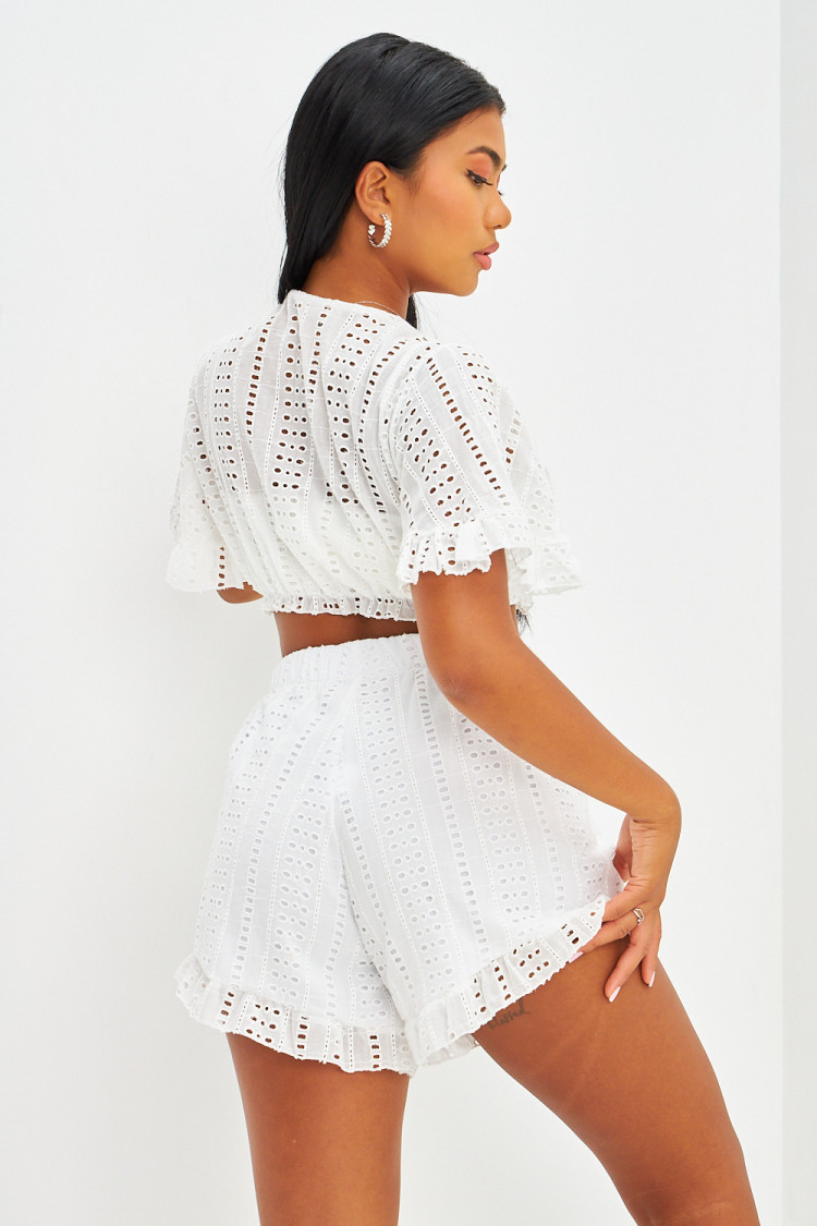 Ensemble top décolleté + short dentelle blanc