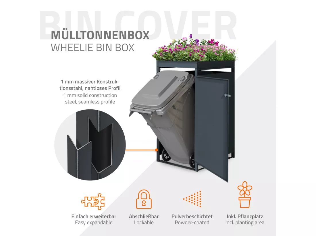 Abri de 1 poubelle avec toit végétal acier anthracite rouillé 240L 68x80x124 cm