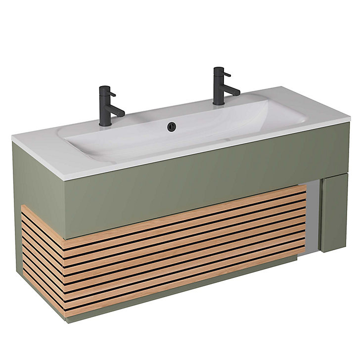 Meuble sous vasque à suspendre Archi fougère mat 120 cm + plan vasque en Céramyl® Decotec pour 2 mitigeurs