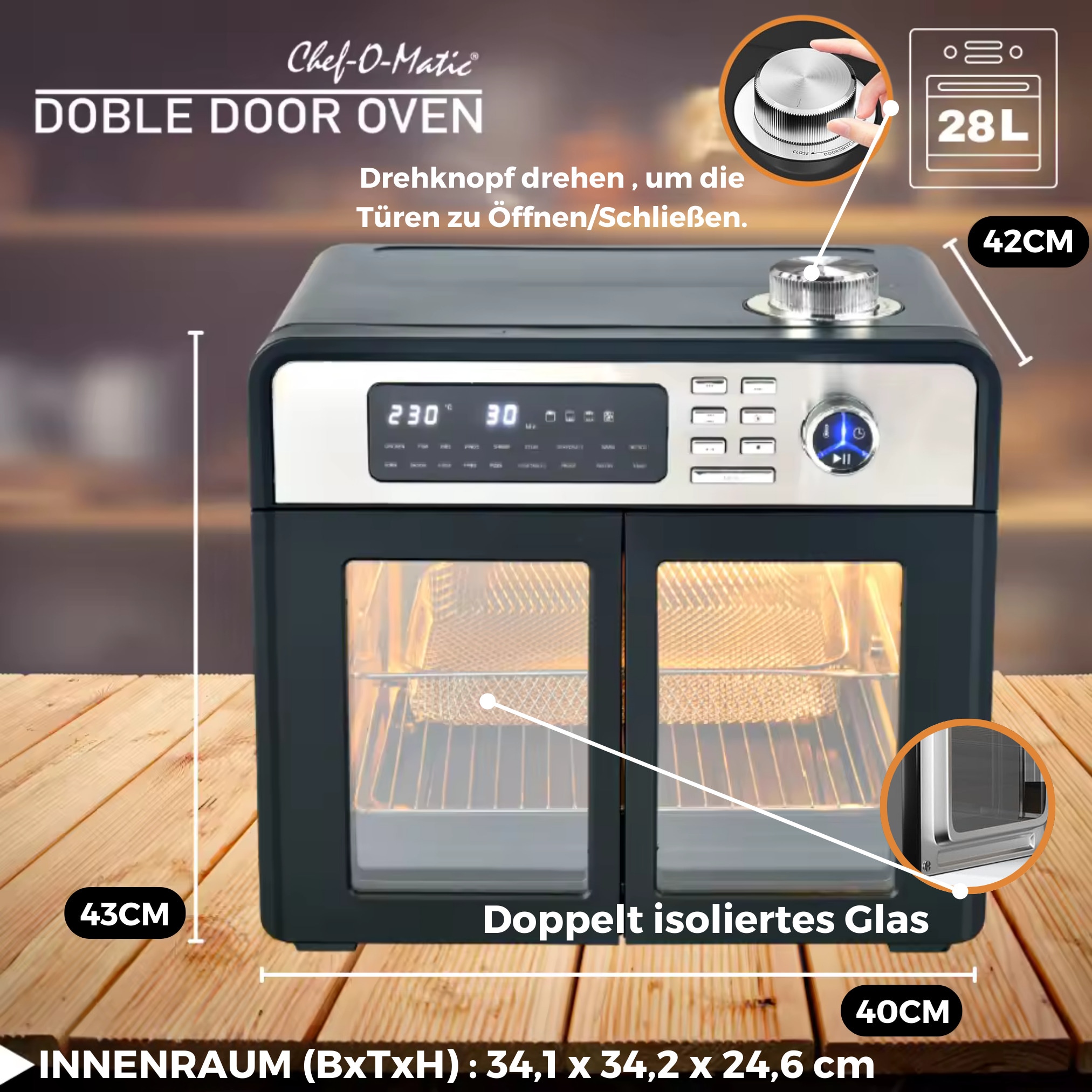 Best Direct® XXL Heißluft Backofen - Minibackofen mit Drehspieß Chef O Matic Double Door Oven