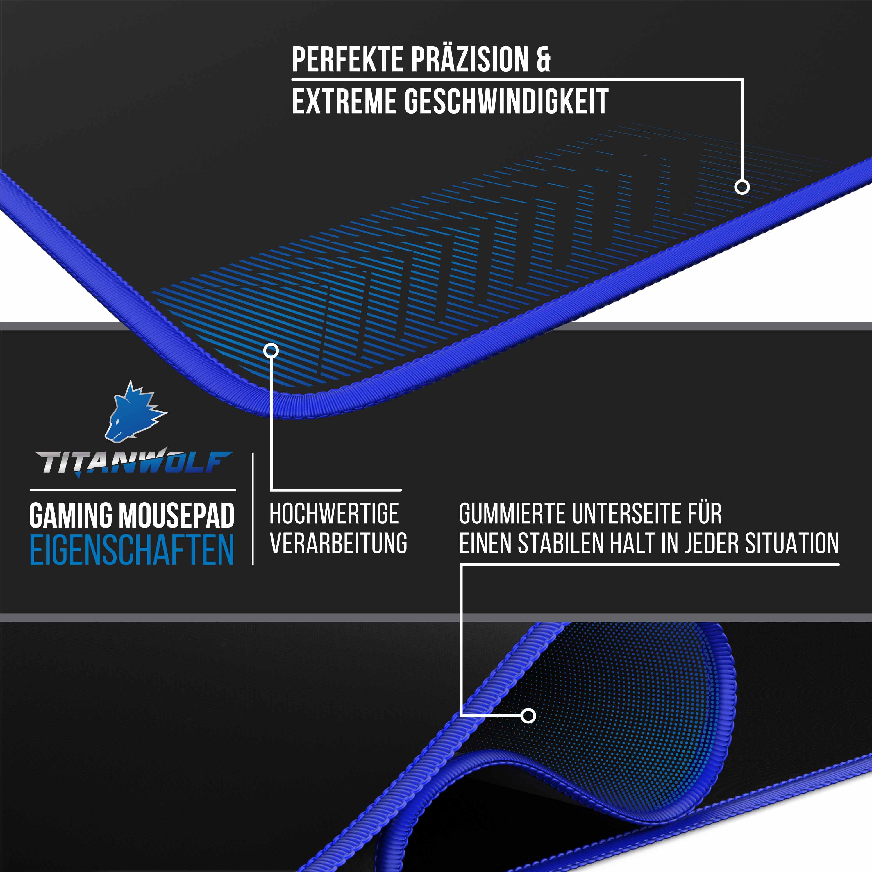 Titanwolf Gaming Mauspad, XXL Speed Gaming Mousepad / Extragroße Fläche von 900 x 400mm, Kopf blau