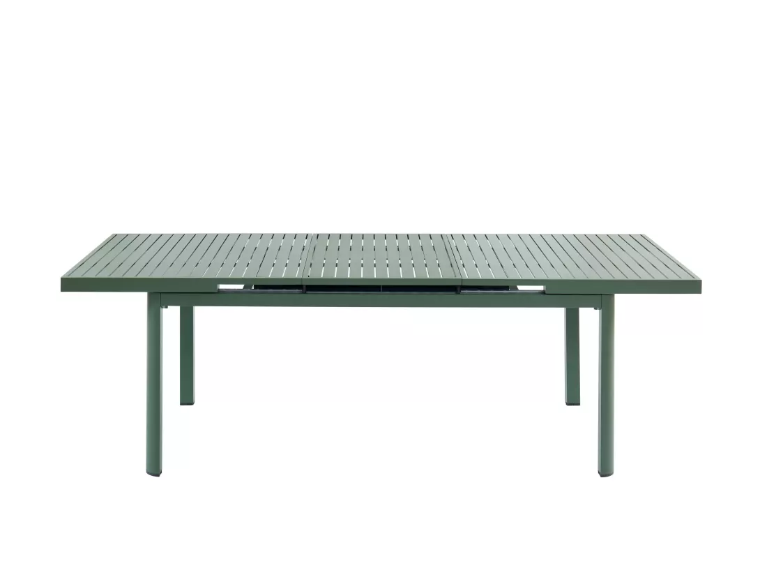 Salle à manger de jardin en aluminium : une table extensible L.180/240cm et 8 fauteuils empilables avec accoudoirs acacia - Vert amande - NAURU de MYLIA
