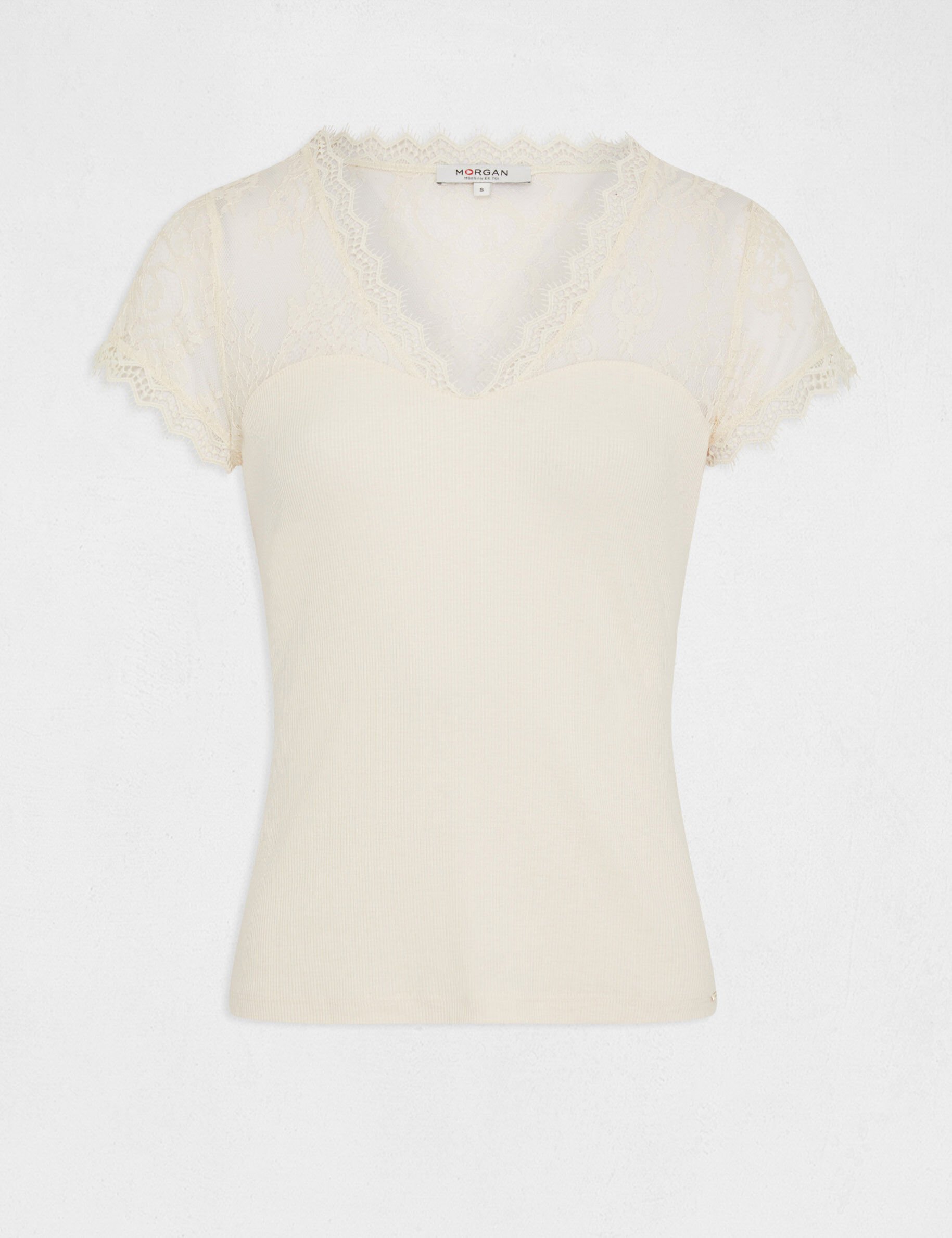 T-shirt manches courtes à dentelle ecru femme - ecru