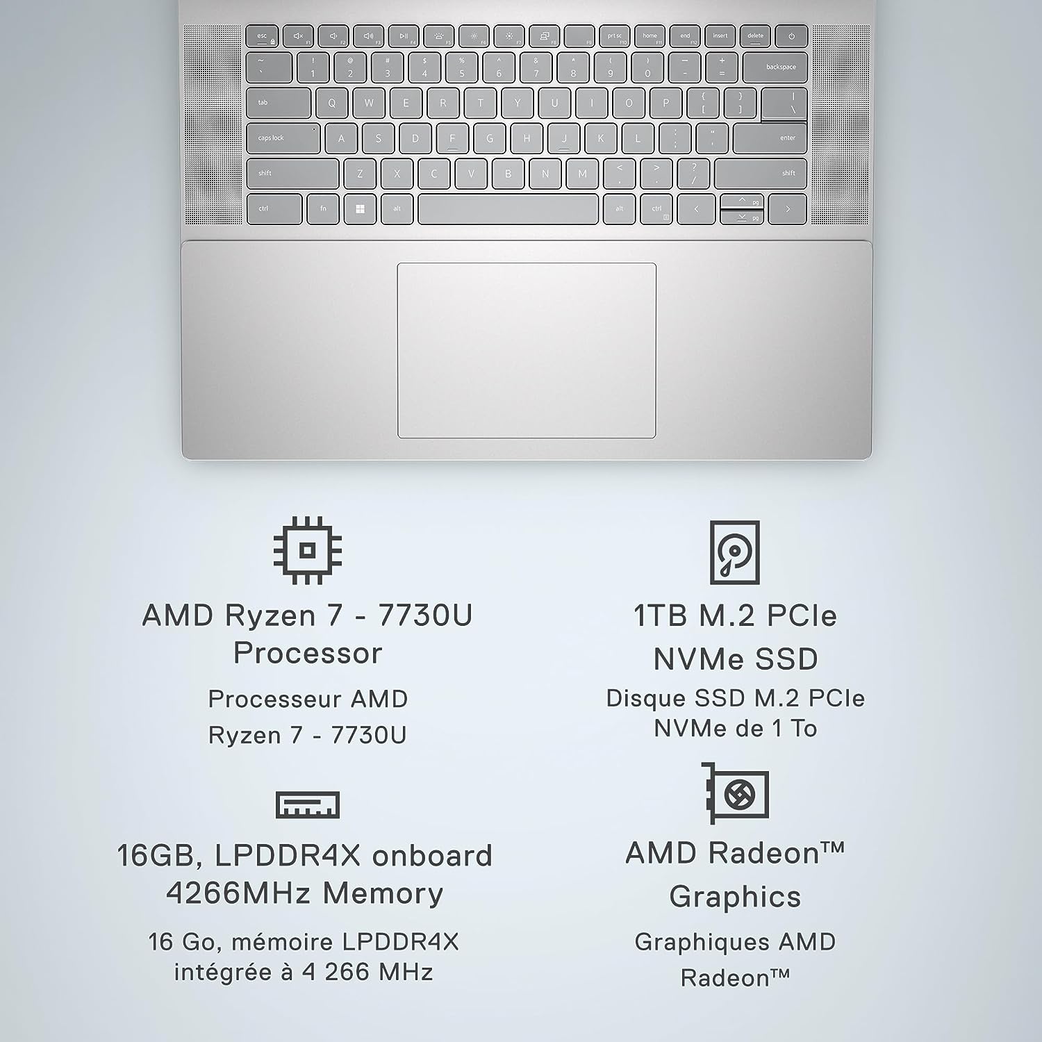 Notebook Dell Inspiron 16 5635 - AMD Ryzen 7-7730U, Tela QHD de 16 polegadas, 16 GB de RAM LPDDR4x, SSD de 1 TB, Placa de vídeo AMD Radeon, Windows 11 Home, 1 ano de suporte premium - Prata Platina