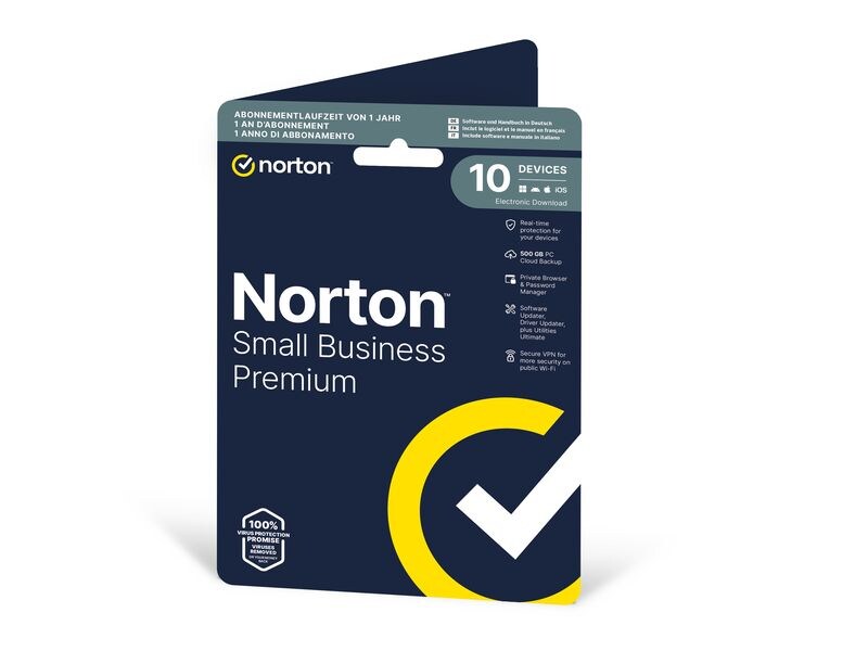 Norton Small Business Premium 2.0 ESD, 10 Dev., 1yr, 500GB Norton Small Business: hochleistungsfähige Cybersicherheit für Ihr Team