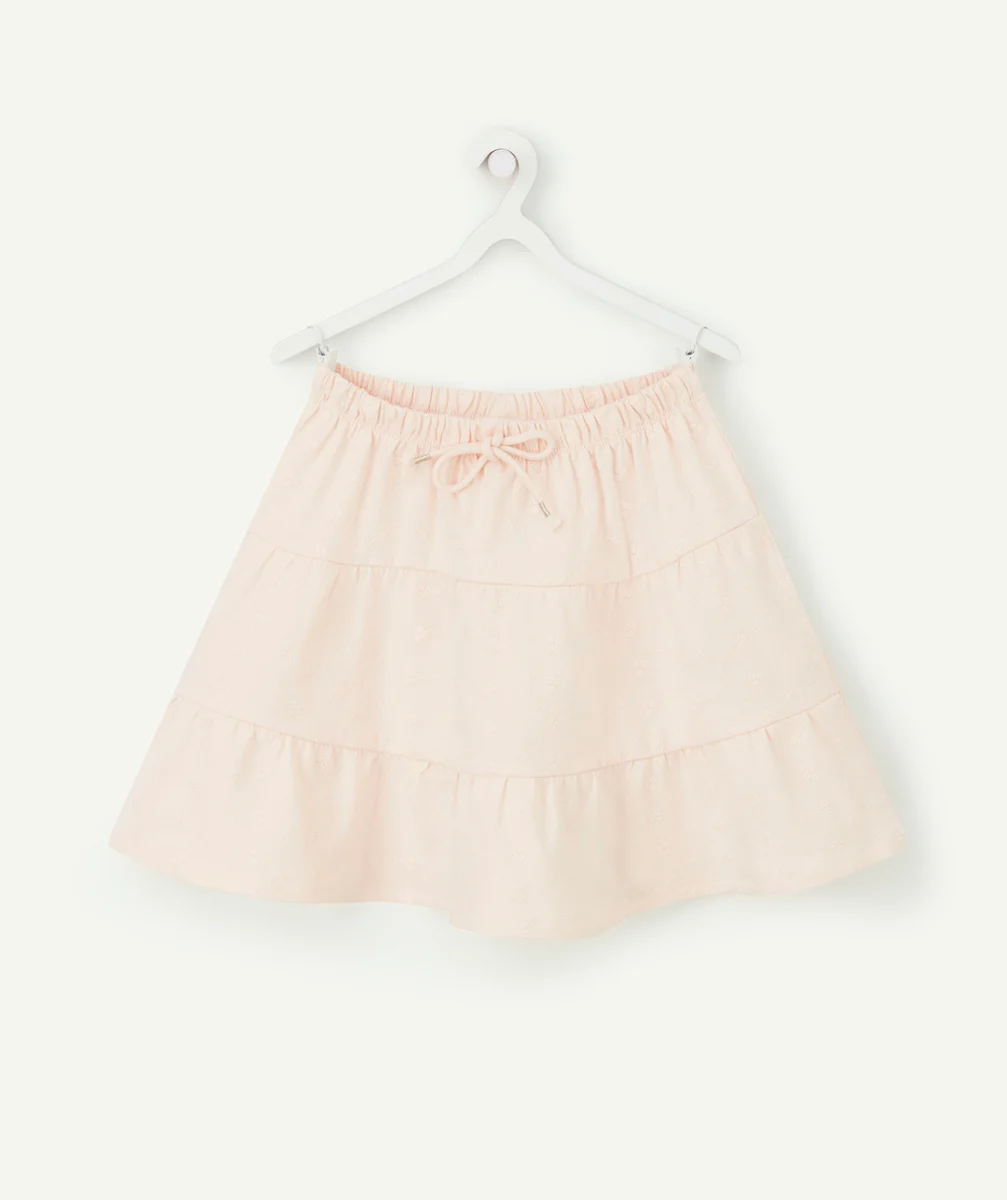 JUPE FILLE EN COTON ROSE PÂLE AVEC BRODERIES ET VOLANTS