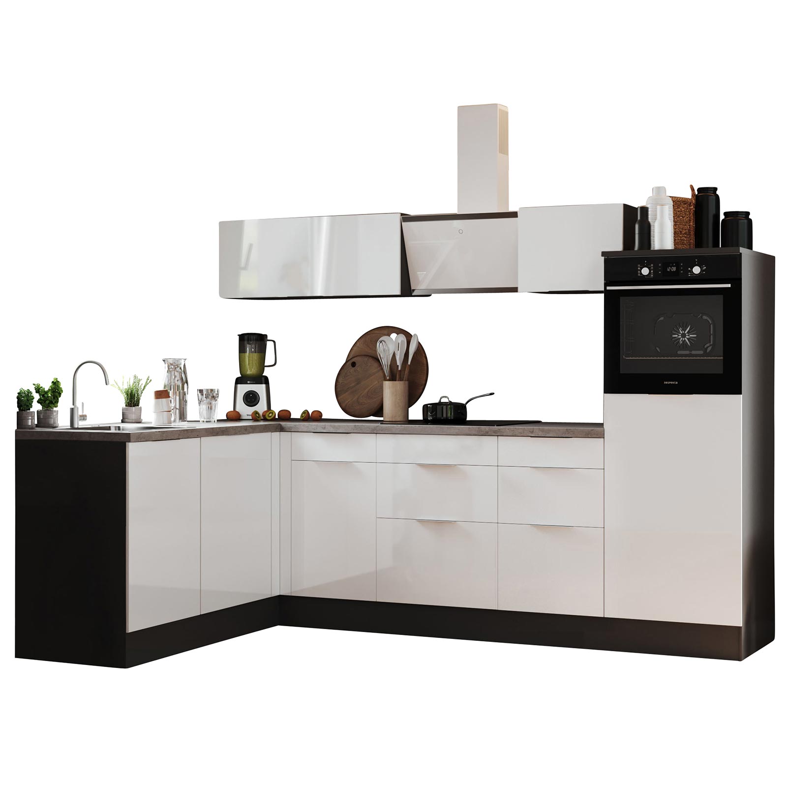 RESPEKTA Winkelküche - weiß Hochglanz - grau matt - mit E-Geräten - 280x175 cm