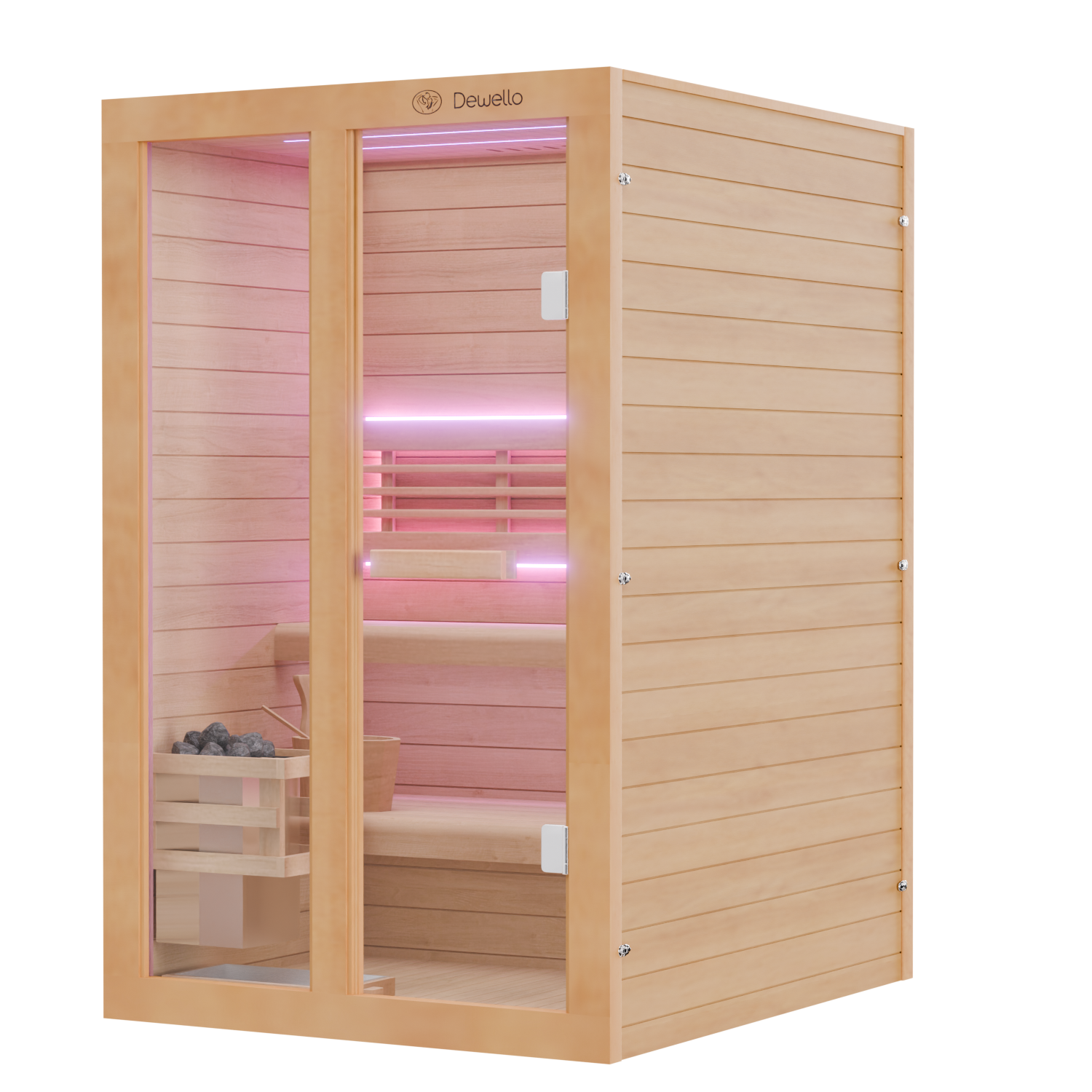 Dewello Finnische Sauna TOFINO 120x140 Kabine aus Hemlock Tannenholz mit 3,5 kW Harvia Ofen, inkl Sauna Set