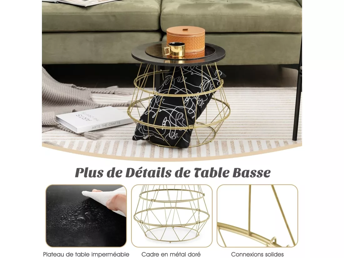 Table d’appoint, bout de canapé marbre noir avec cadre en métal doré, table ronde ø40x38