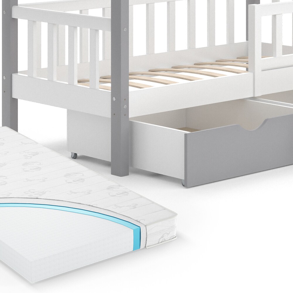 VitaliSpa Kinderbett Hausbett Einzelbett Design Weiß Grau modern 70x140 cm Kinderzimmer Bett Massivholz Lattenrost Schublade Rausfallschutz Schubladenbett Matratze