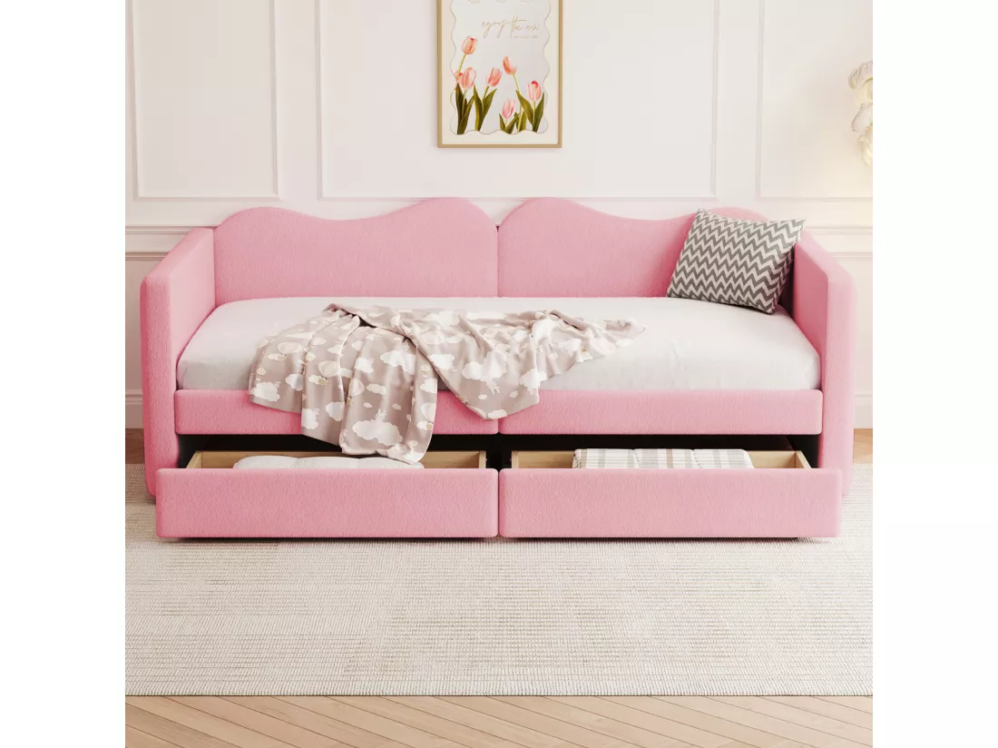 Lit Enfant 90x200 Cm, Canapé-lit Avec 2 Tiroirs, Rose, Multifonction Avec Dossier Et Accoudoirs