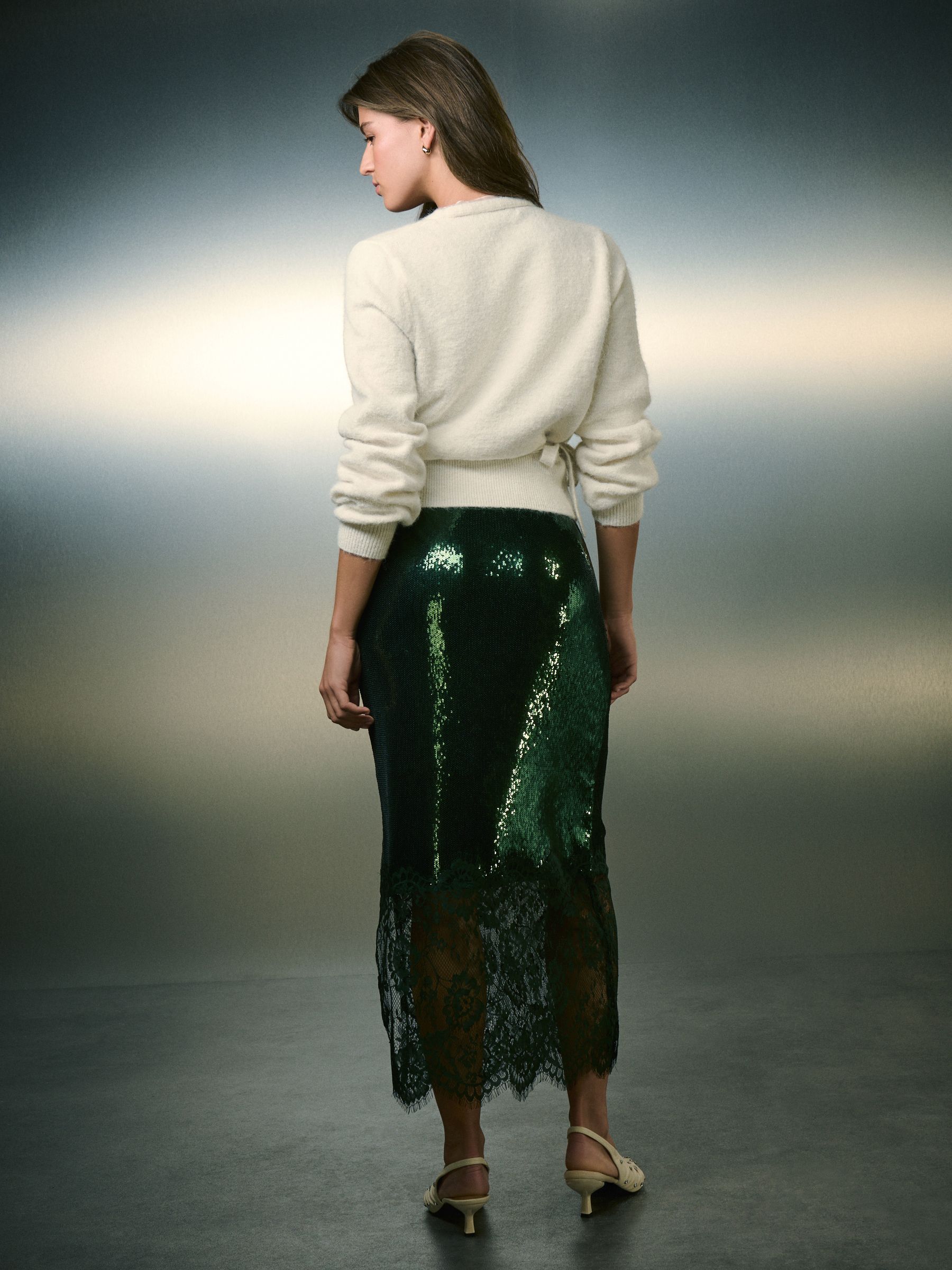 Groen - Sequin Midi Skirt With Lace Trim