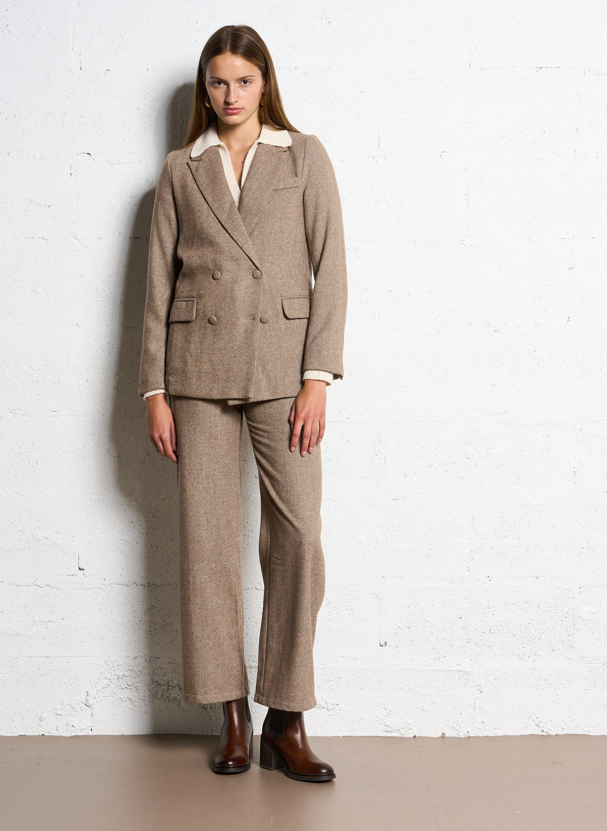 PHOEBE - Pantalon droit en laine mélangée | Marron