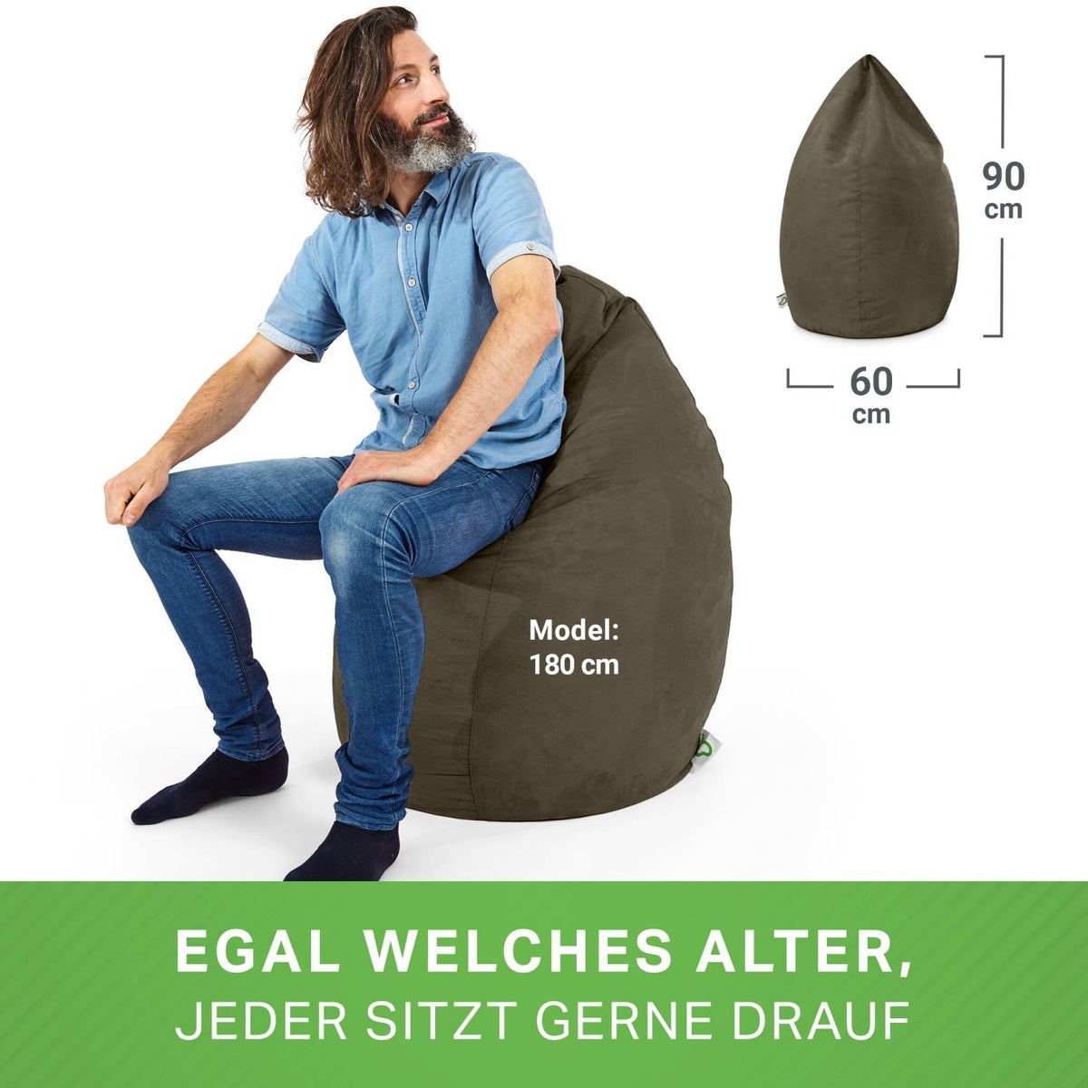 Green Bean Zitzak met rugleuning 60x60x90cm - Binnenzitkussen 220L vulling, comfortabel, wasbaar - Zitzak vloerkussen, loungestoel, voetenbank - Khaki
