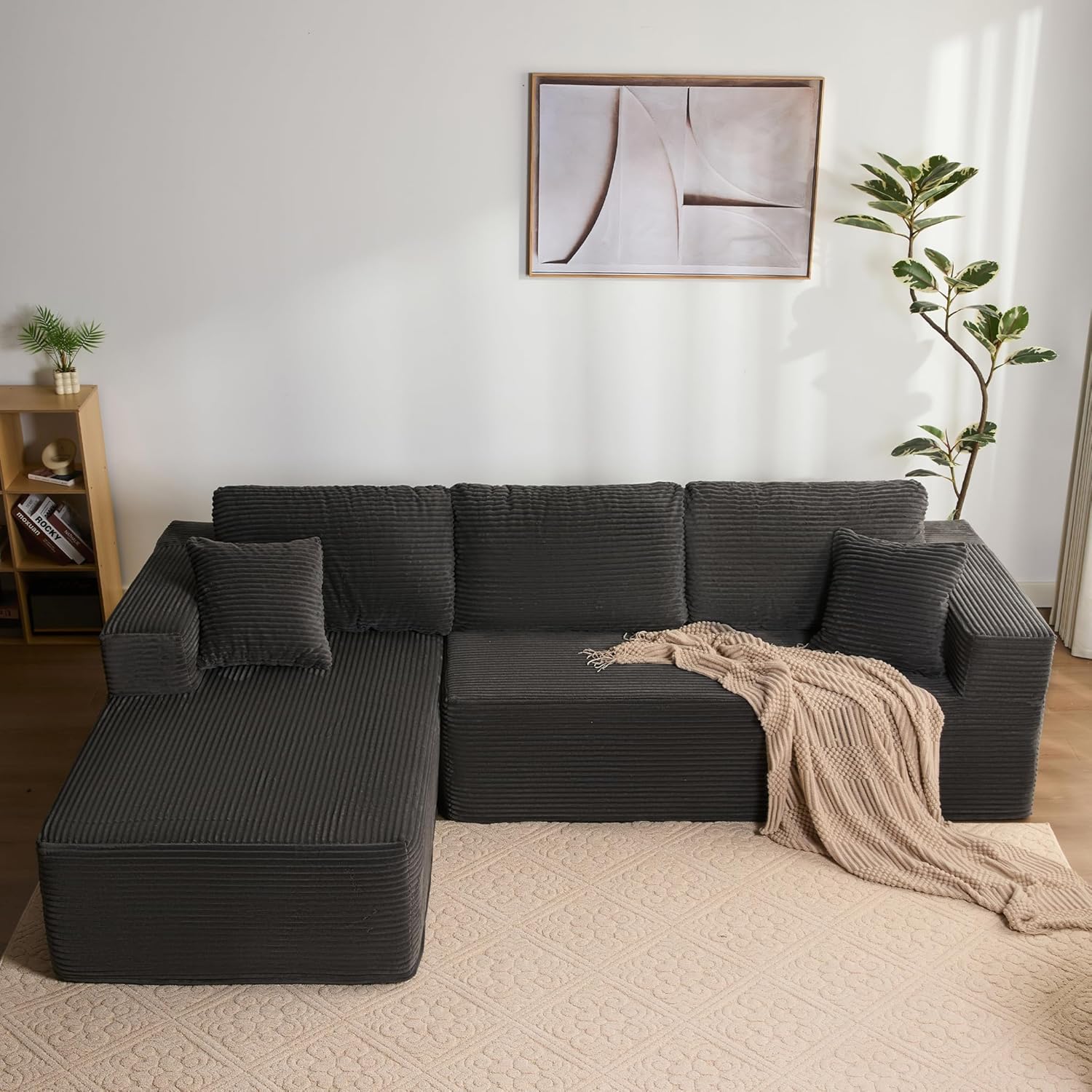 Modulares L-förmiges Ecksofa mit Schlaffunktion – rahmenloses Schlafsofa mit Chaiselongue Links, extra tiefer Sitzfläche, montagefrei, für Wohnzimmer,Grau