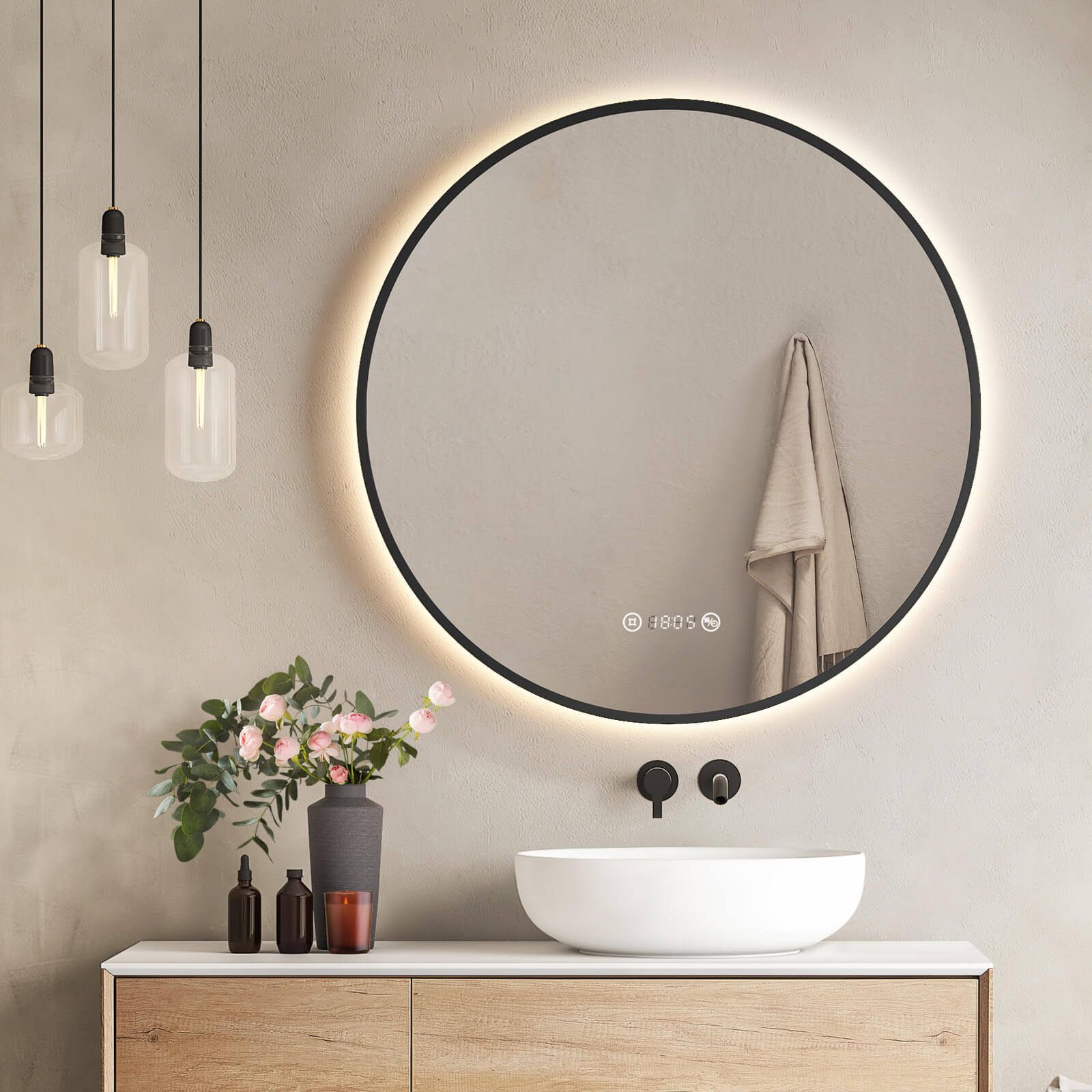 EMKE OLM09 LED-Badezimmerspiegel Rund mit Uhr, Anti-Beschlag, Gold